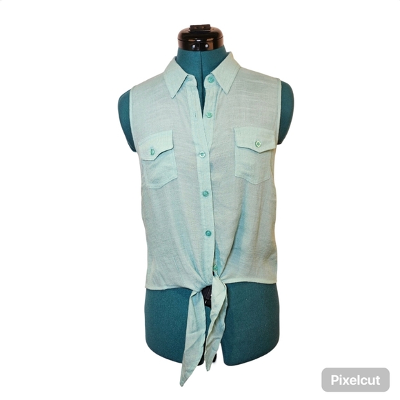 Mine teal sleeveless button down front tie fitted shirt top size S US - Picture 2 of 10